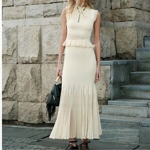 Commense Cream Ribbed Knit Ruffle Dress